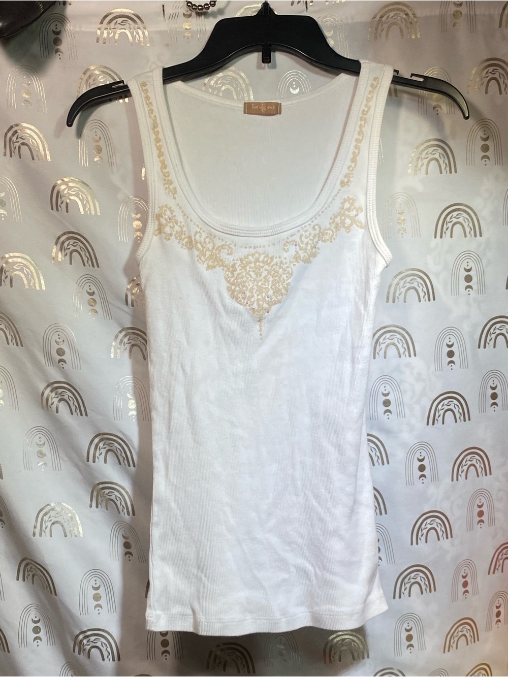 Forever 21 White Tank Top with Gold Embroidered Detail